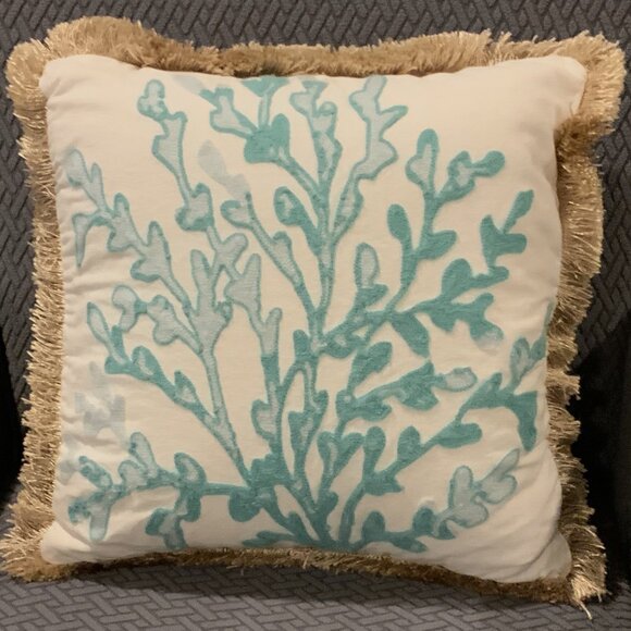 Decorative Fringe Square Pillow with Sea Coral Reef Design 100% Cotton - Picture 1 of 9